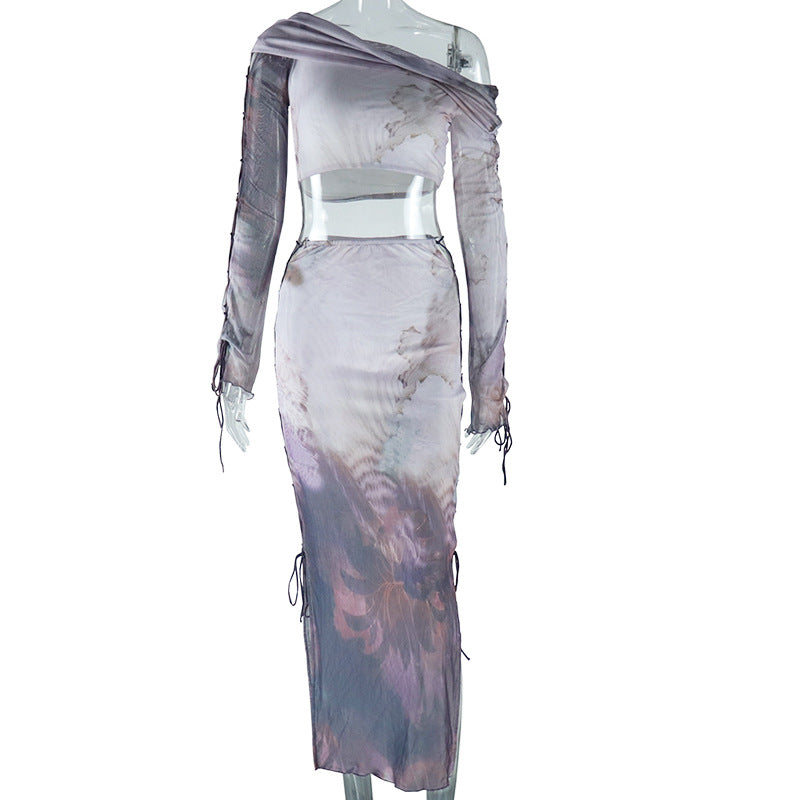 European and american style ins fashion printed skirt set - sexy long sleeve drawstring top and midi skirt two-piece outfit for women