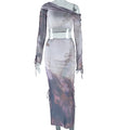 European and american style ins fashion printed skirt set - sexy long sleeve drawstring top and midi skirt two-piece outfit for women