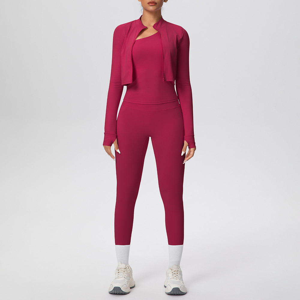 pure color brushed tight one-shoulder vest nine-point long three-piece sports running fitness yoga suit
