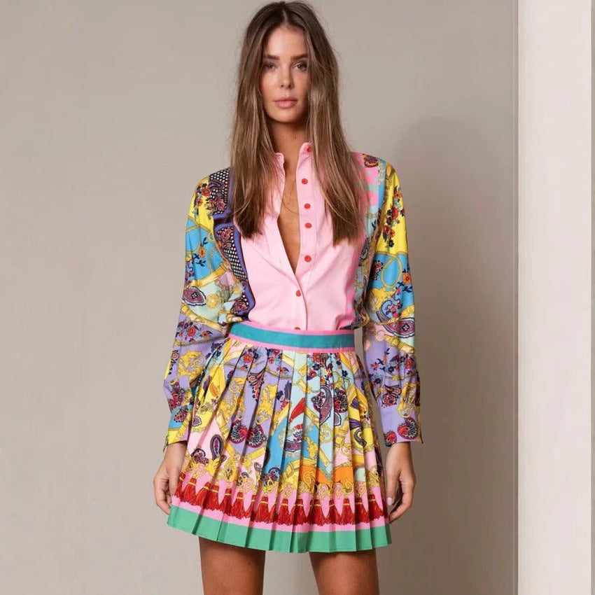 European and american cross-border women's fashion:  autumn hot-selling two-piece set - position print long-sleeve shirt top & elegant pleated skirt