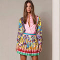 European and american cross-border women's fashion:  autumn hot-selling two-piece set - position print long-sleeve shirt top & elegant pleated skirt