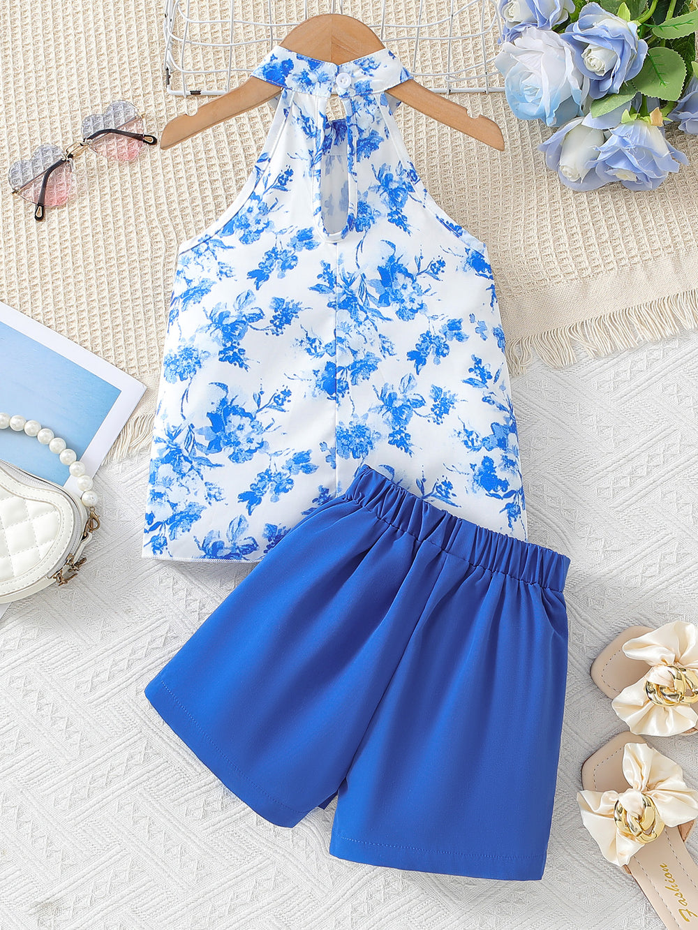 Summer kids' sleeveless halter top and floral print blue suit shorts two-piece set for girls (export)