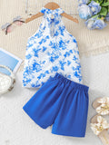 Summer kids' sleeveless halter top and floral print blue suit shorts two-piece set for girls (export)