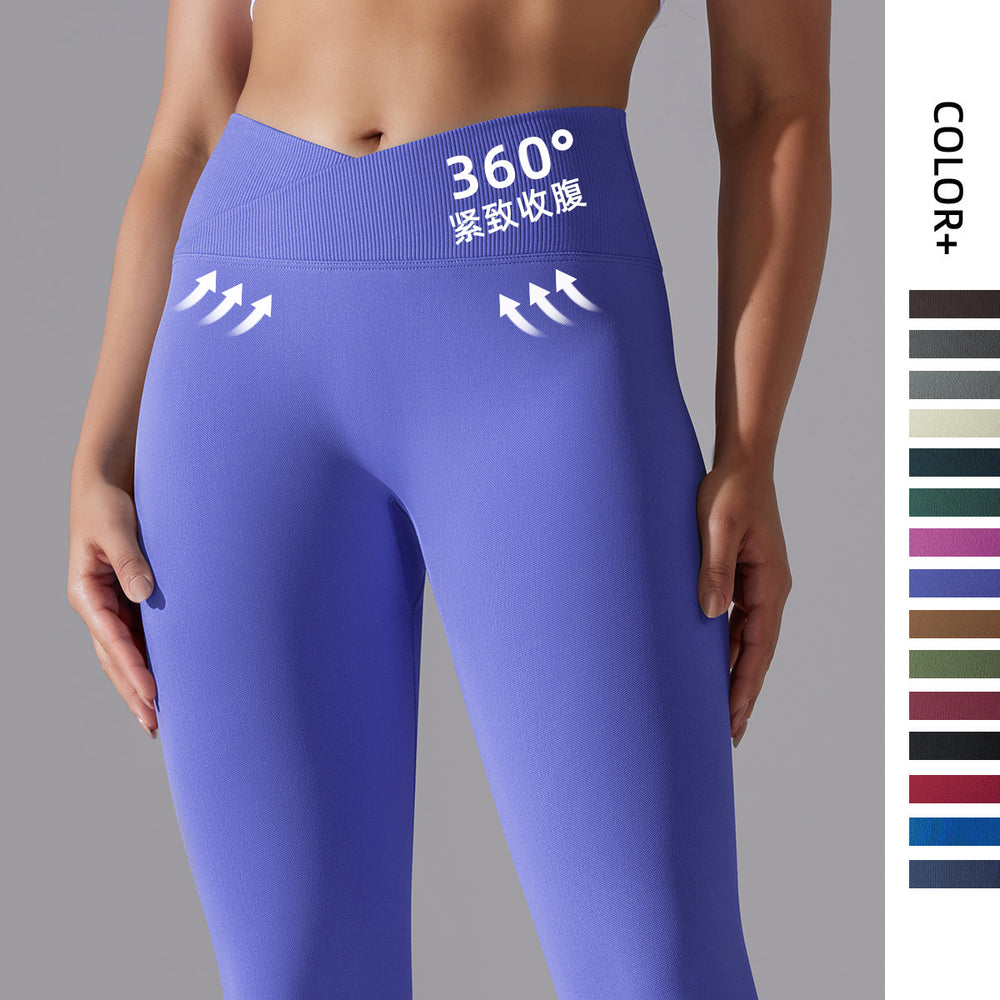 fashion seamless knitting breathable pure color cross waist peach hip yoga pants running fitness nine-point pants women