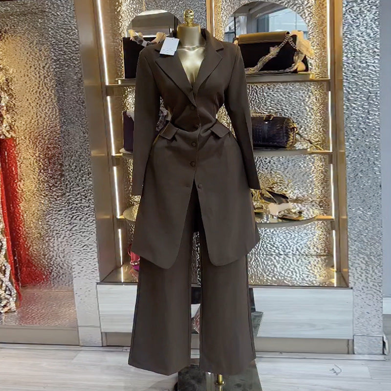 European and american cross-border women's fashion  spring new arrival: elegant mid-length long-sleeve blazer and high-waisted pants set