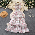 Frenchromantic style v neckhalter floral dress female summer k-stylesweet sleeveless ruffles cake skirt slimming look