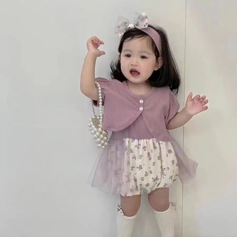 Baby summer thin floral short-sleeve cardigan & romper two-piece set - adorable floral romper outfit