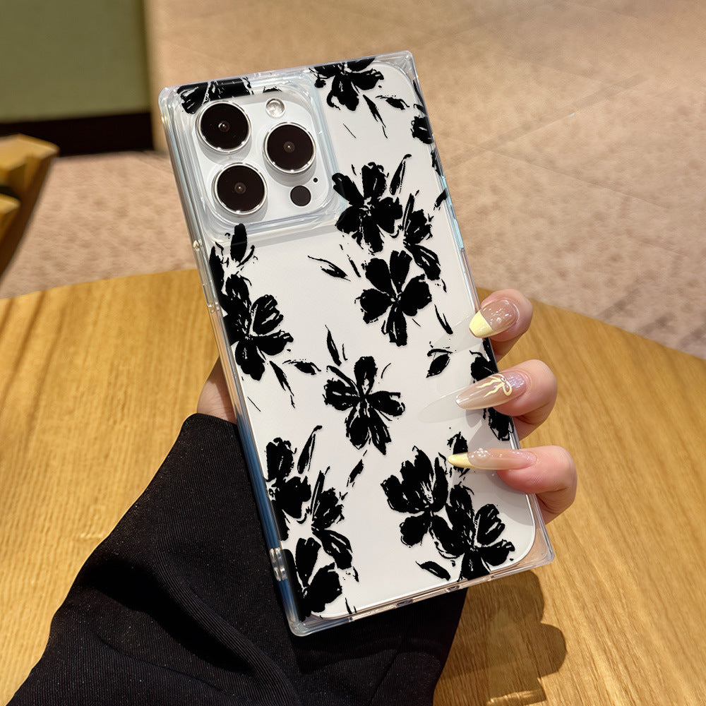 Black floral square case for apple 17 pro max, shockproof iphone 16 transparent 13 protective cover