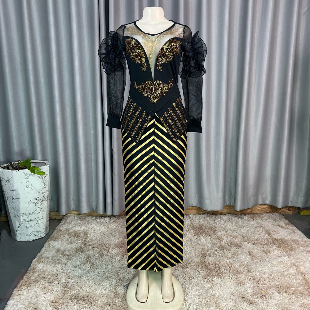 European and american cross-border african women's hotfix rhinestone & gold foil faux two-piece slim-fit dress