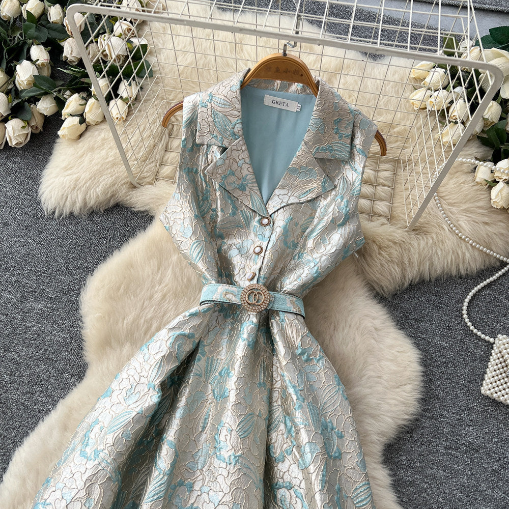 Elegant and chic jacquard dress with suit collar - sleeveless, tie-waist, slimming a-line maxi dress for women - perfect for summer