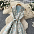 Elegant and chic jacquard dress with suit collar - sleeveless, tie-waist, slimming a-line maxi dress for women - perfect for summer