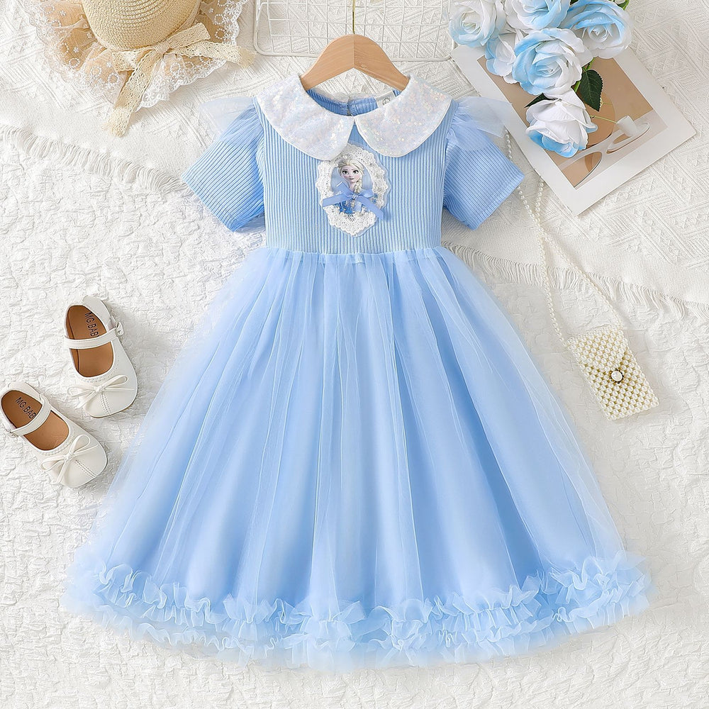 Girls' elsa princess sequin lapel short sleeve mesh dress summer kids ribbed frozen party dress
