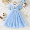 Girls' elsa princess sequin lapel short sleeve mesh dress summer kids ribbed frozen party dress