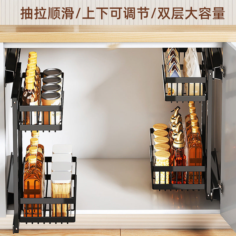 Pull-out kitchen rack, cabinet inner sink pull basket, multi-functional adjustable drawer type seasoning storage rack