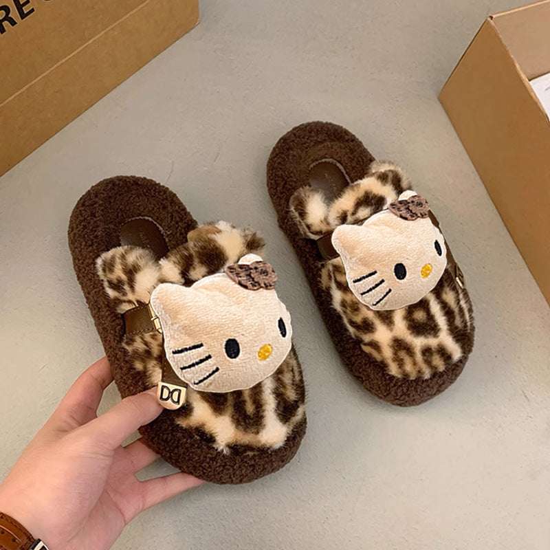 New autumn/winter cotton slippers: warm, comfortable leopard print kitten design, closed-toe fuzzy slippers for women, perfect for indoor use