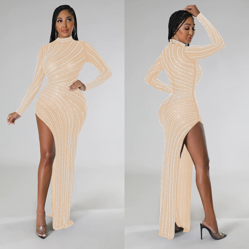 C6040 cross-border   fashion women's solid color mesh rhinestone long sleeve maxi dress