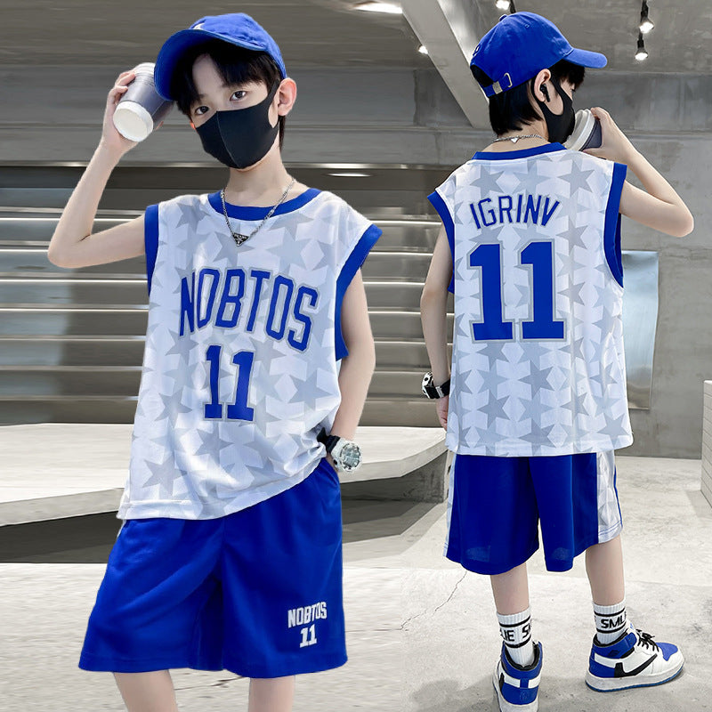 Kids' basketball sleeveless set: boys' summer tank top, competition training team uniform, student sports jersey & shorts - quick dry
