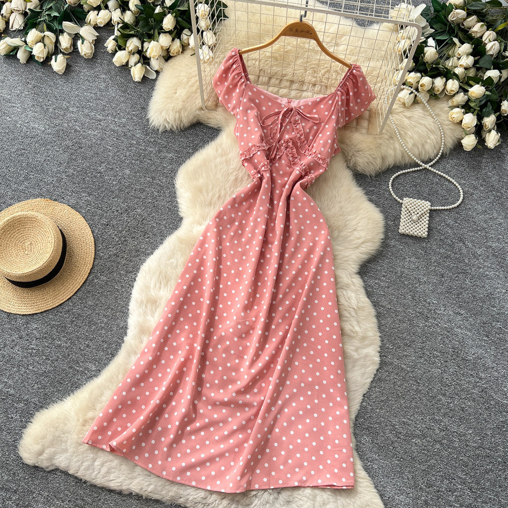 French sweet style square neck polka dot dress women's summer korean style sleeveless waist-defining elegant a-line red maxi dress