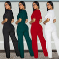 C7378 cross-border   fashion women's large button short sleeve sporty wide leg jumpsuit new