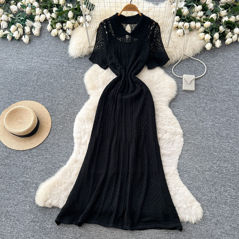 Korean style light luxury lapel short sleeve hollow-out knit dress - women's summer cinched waist tie a-line maxi dress - commute friendly