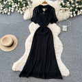 Korean style light luxury lapel short sleeve hollow-out knit dress - women's summer cinched waist tie a-line maxi dress - commute friendly