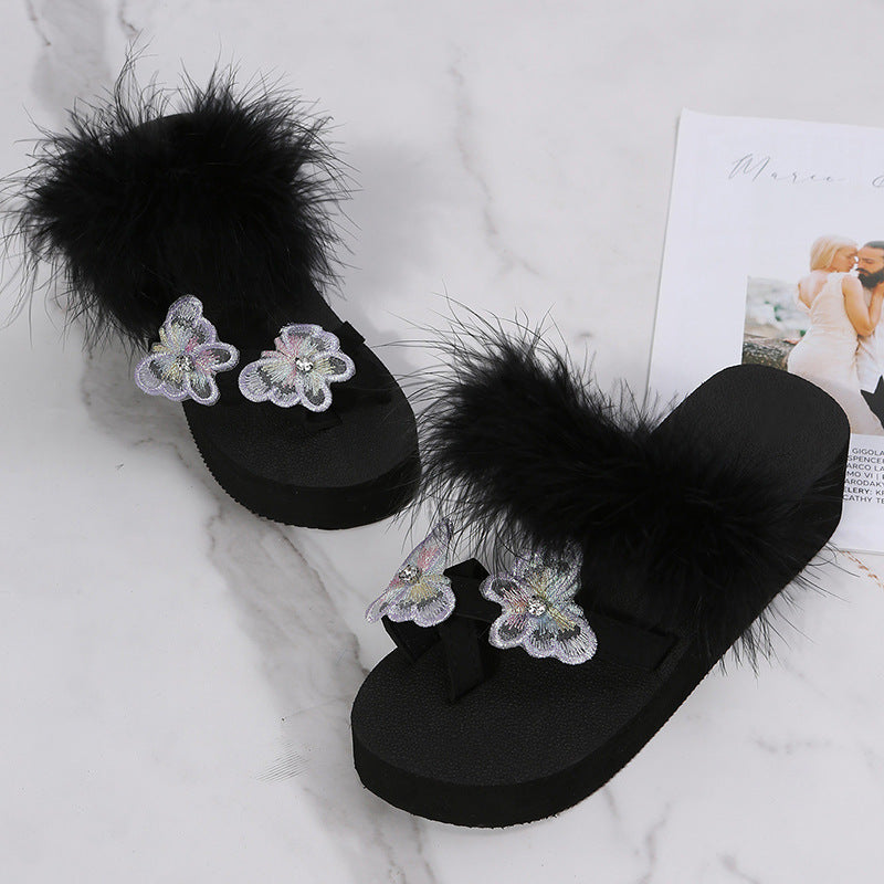 Toe-toe sandals for women 2024summernew arrival round toe real hair butterfly wedge sandals outwear rhinestone plaid flip-flops