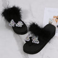 Toe-toe sandals for women 2024summernew arrival round toe real hair butterfly wedge sandals outwear rhinestone plaid flip-flops