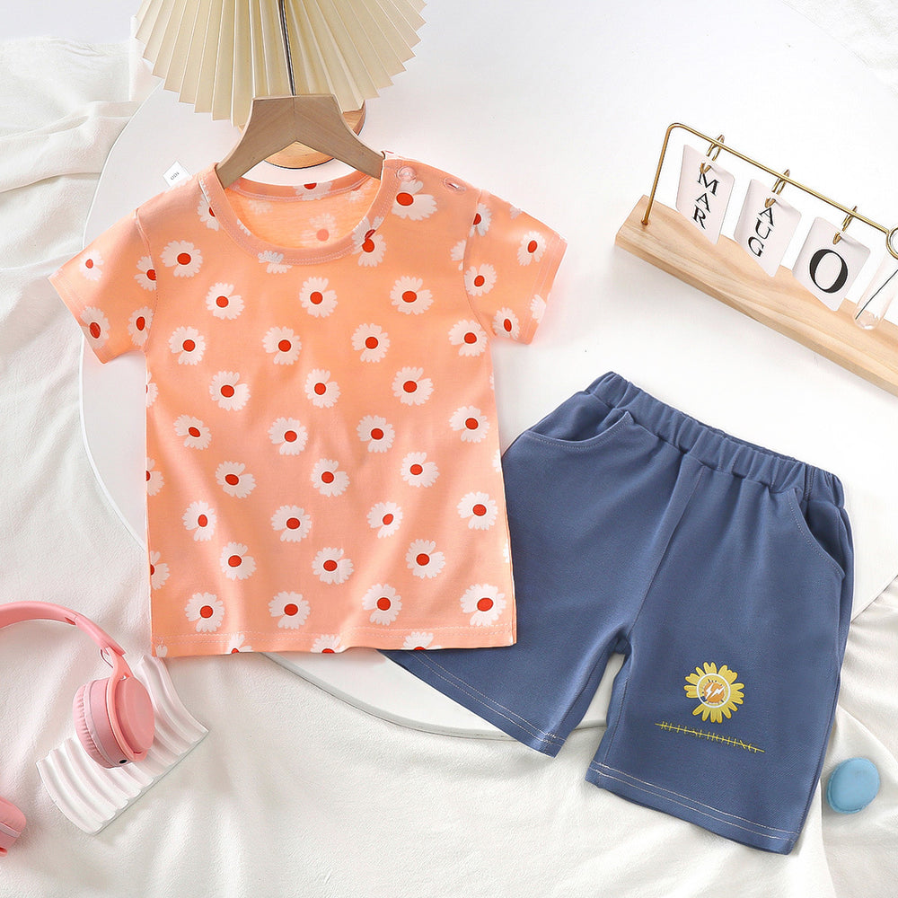 summer kids' short-sleeve set: toddler & children's pure cotton denim casual short-sleeve & shorts two-piece outfit - dropshipping available