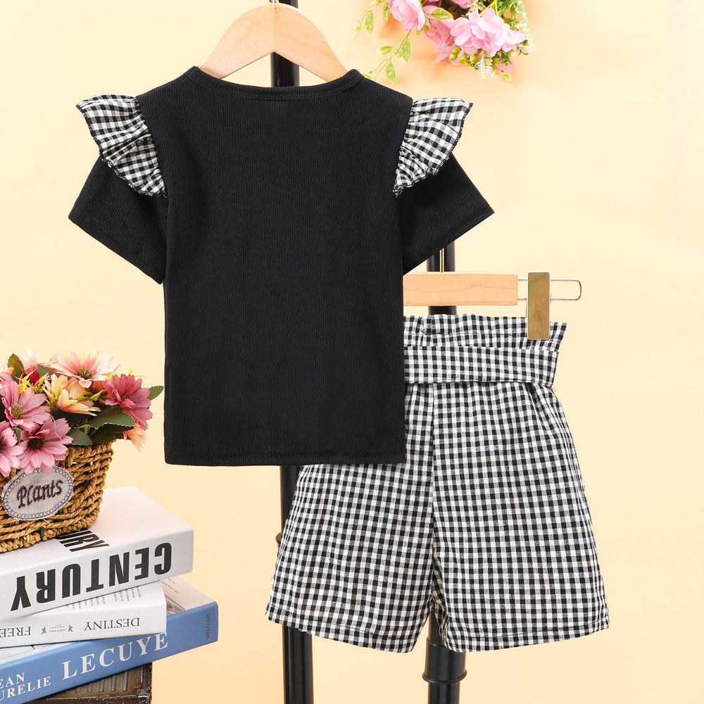 Children's round neck short-sleeved pure colortopsplaid shortssuit