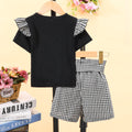 Children's round neck short-sleeved pure colortopsplaid shortssuit