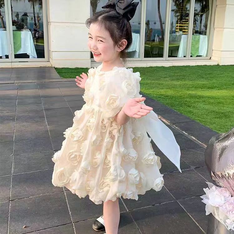 【clearance】girls' summer dress: new, stylish rose-embellished, fairy-tale bubble sleeve princess tutu dress
