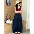 【100% cotton】super cute girls' wide-leg casual summer pants - faux two-piece, loose fit, scalloped hem, breathable and versatile