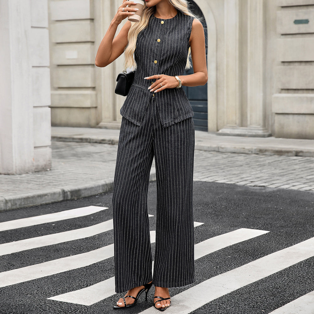 European and american cross-border e-commerce women's autumn new arrivals:  independent site washed casual striped sleeveless denim set