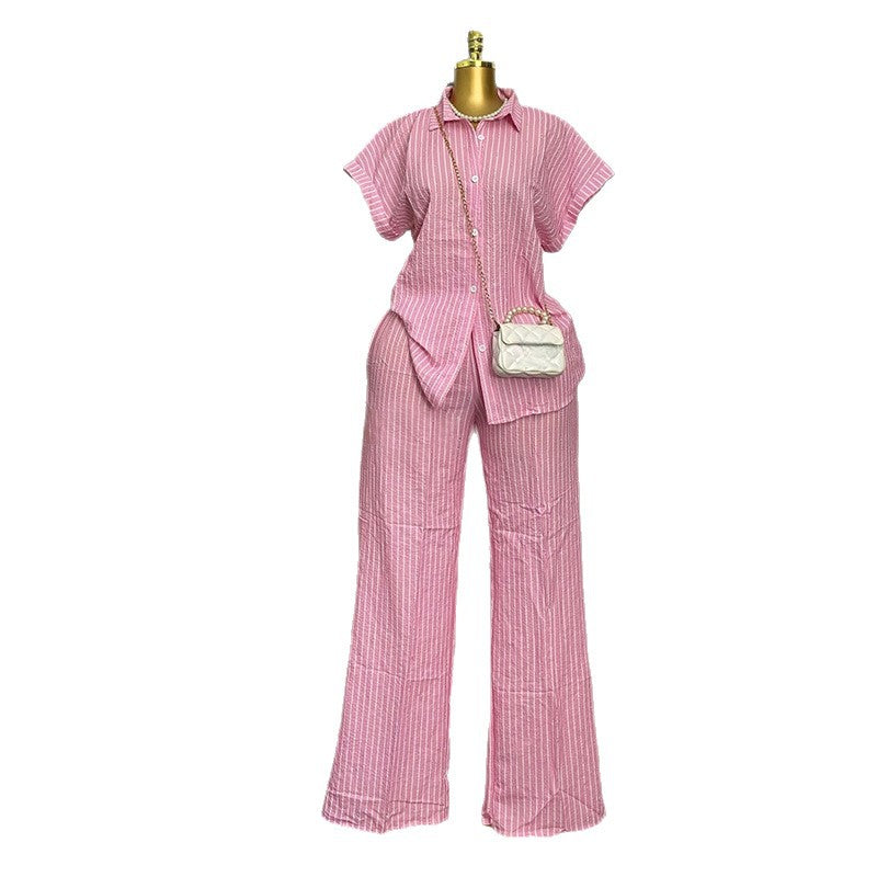 European and american cross-border women's fashion  summer new arrival: elegant sweet pink short-sleeve striped shirt and wide-leg pants set