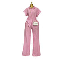 European and american cross-border women's fashion  summer new arrival: elegant sweet pink short-sleeve striped shirt and wide-leg pants set