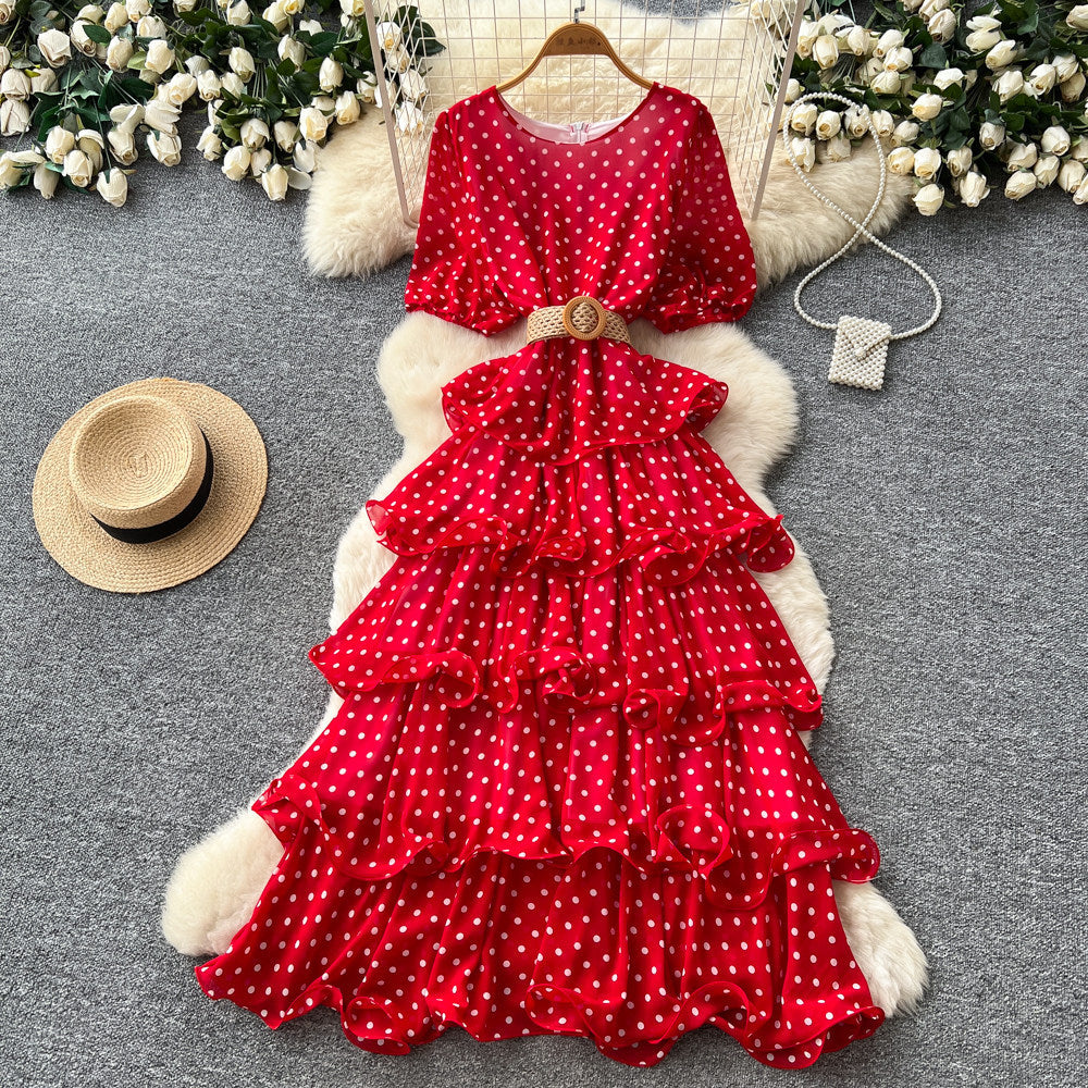 French red polka dot a-line dress - high waist, slimming, tiered cake skirt, elegant workwear maxi dress