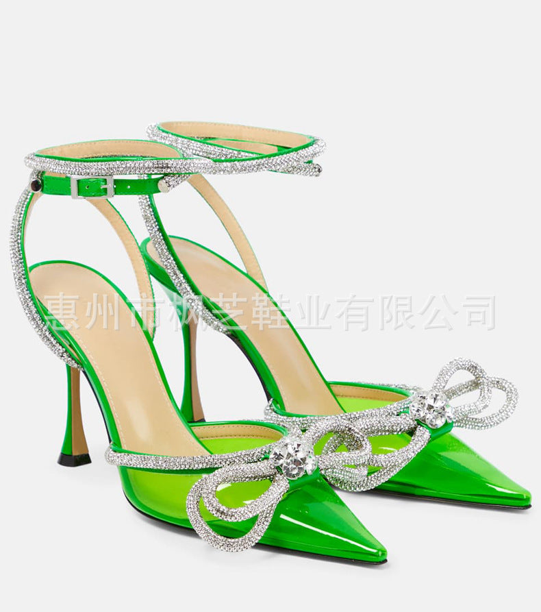 Transparent bow rhinestone high heel sandals pointed toe closed toe stiletto heels fashion european and american cross-border style