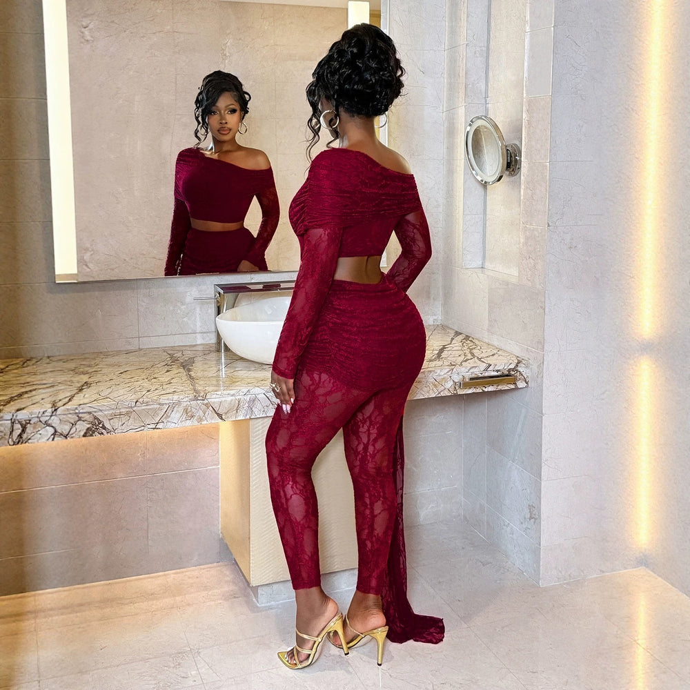 Sexylace oblique shoulder navel-baring tops high waist pleated streamer tights nightclub party sexysuit cross-border