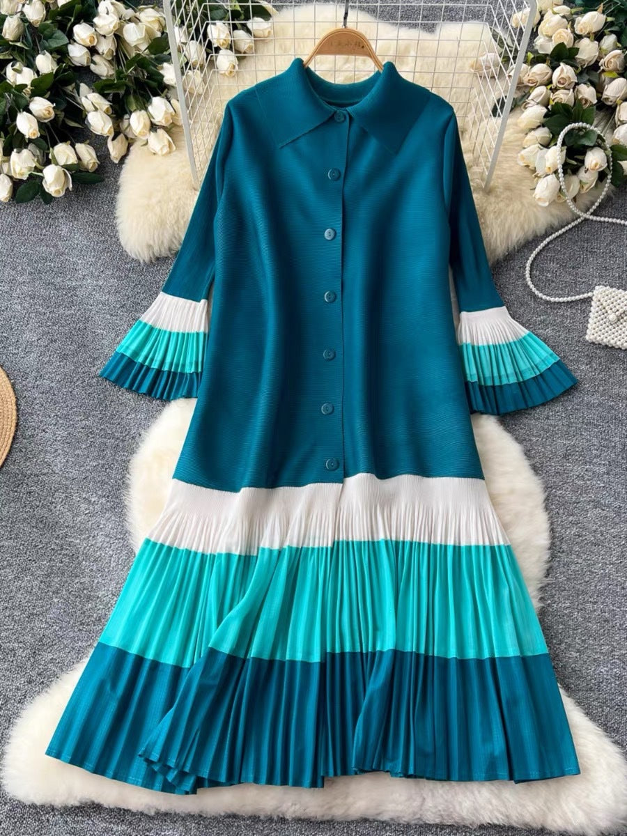 Cross-border  women's clothing color matching ruffle edge horn sleeve pleated dress lapel cardigan chiffon dress