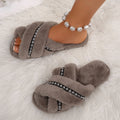 Plus sizenew arrival cross-top fur slippers for women home indoor and outdoor flats rhinestone flip-flops wooden floor cotton slippers