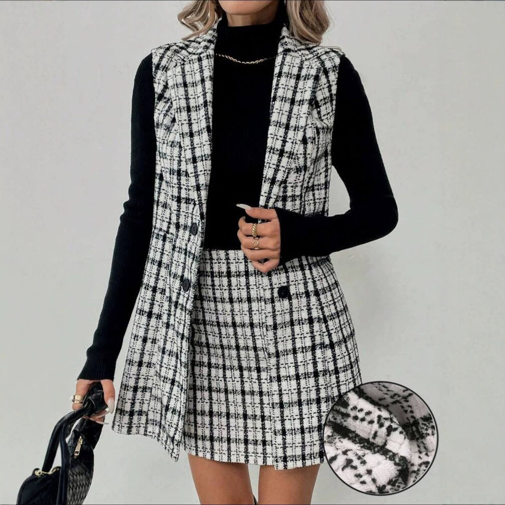 Aliexpress new arrival: women's elegant commute style tweed vest & midi skirt two-piece set (cross-border e-commerce)