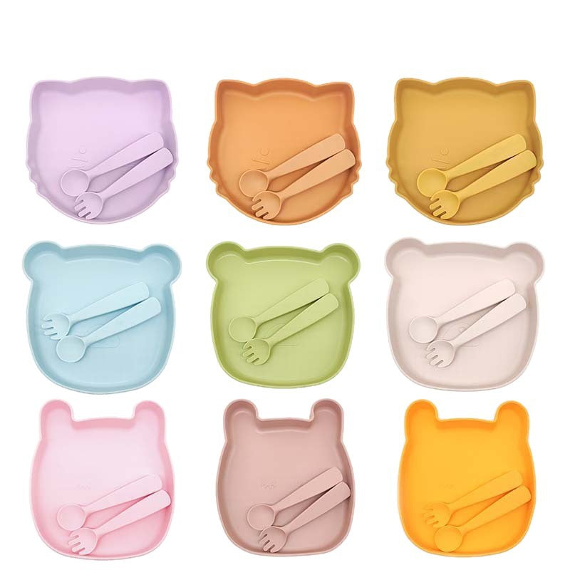 Baby silicone tableware set, non-slip and anti-dirty cartoon bear set, food-grade baby silicone feeding tableware