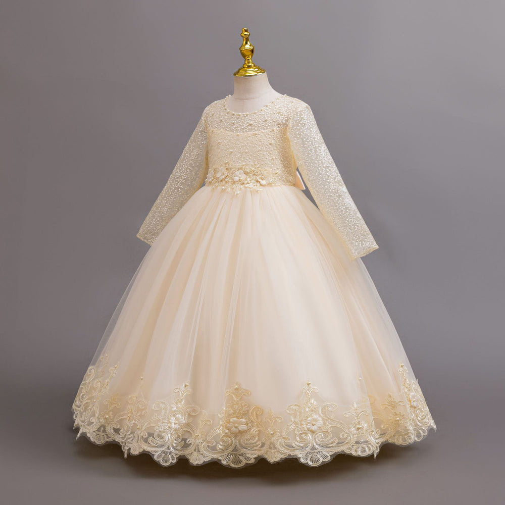 New in stock long sleeveslacekids dress wedding dress princess dress female flower girl birthday dress kids dress