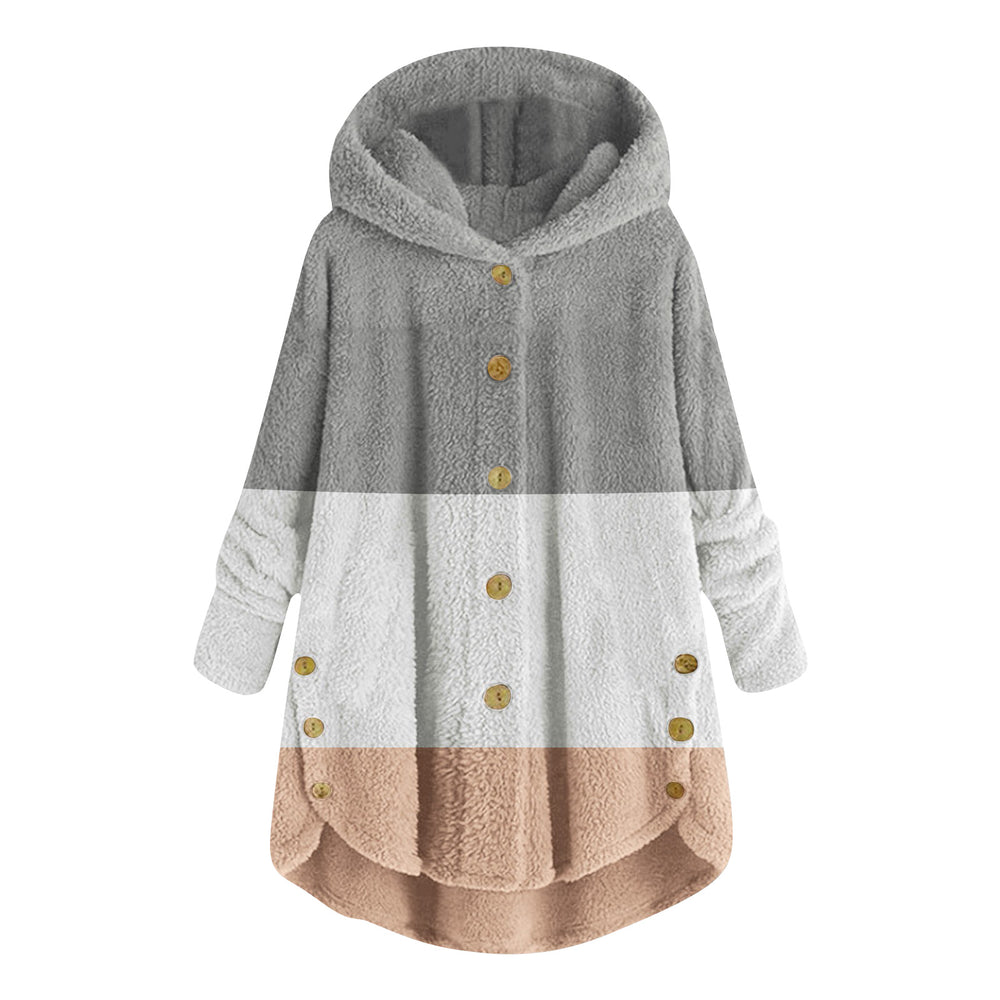 new fashion women's european and american button-down plush top color block multi-color hooded jacket