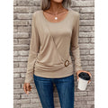 women's button-front long sleeve top - round neck ruched casual tee