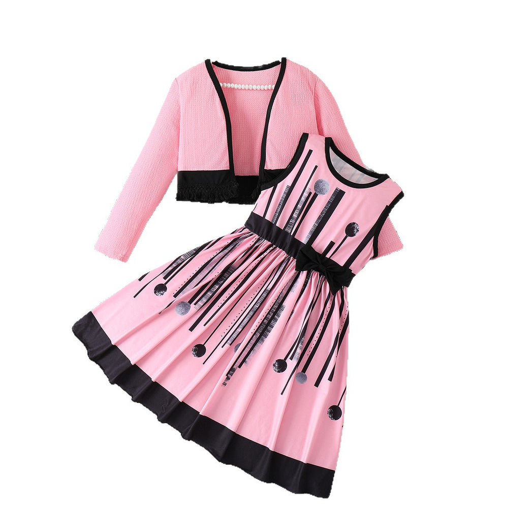 girls' skirt set: pink tank dress with long-sleeved jacket, autumn outfit for girls, two-piece children's set
