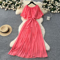 European and american fashion dress - women's french design with shawl sleeves, tie waist, elegant drape, pleated chiffon maxi dress