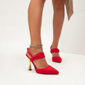 European and american red pointed-toe peep-toe sandals for women, featuring bow decorations and unique metal heel designs, fashionable high heels for banquets and formal occasions