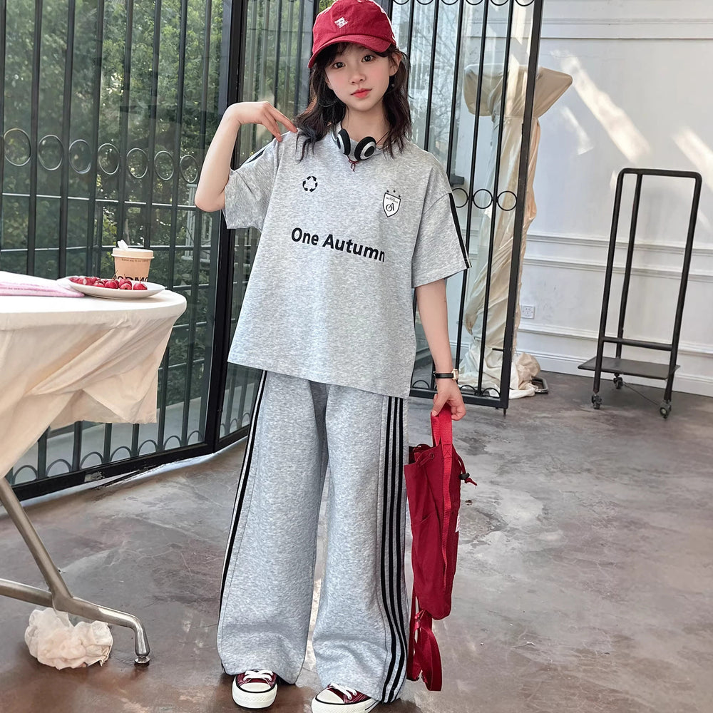 Girls' summer outfit  new style: trendy activewear set for big kids - casual short-sleeve letter tee two-piece
