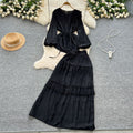 European and american retro style mature woman's minimalist chic set - spring puff sleeve top + elastic waist slimming midi skirt
